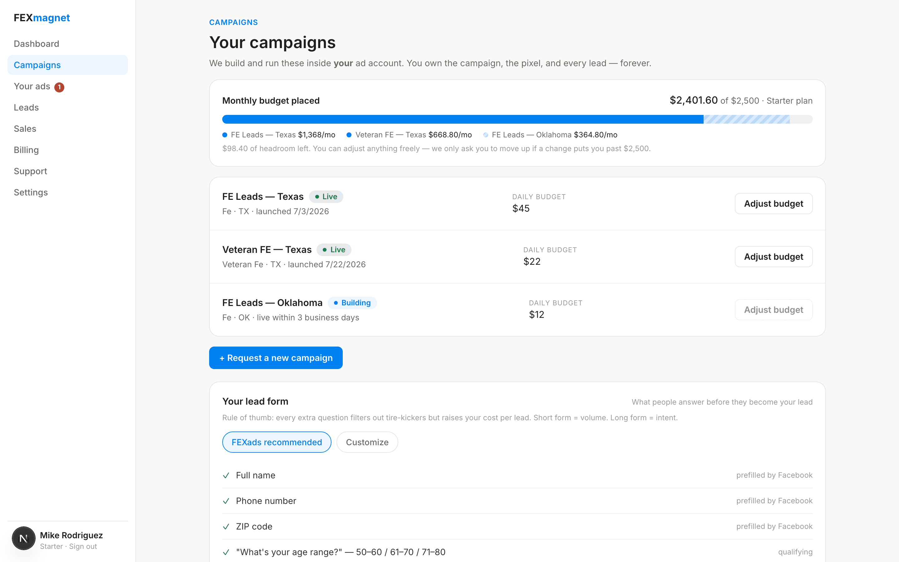 Campaigns — adjust budget yourself