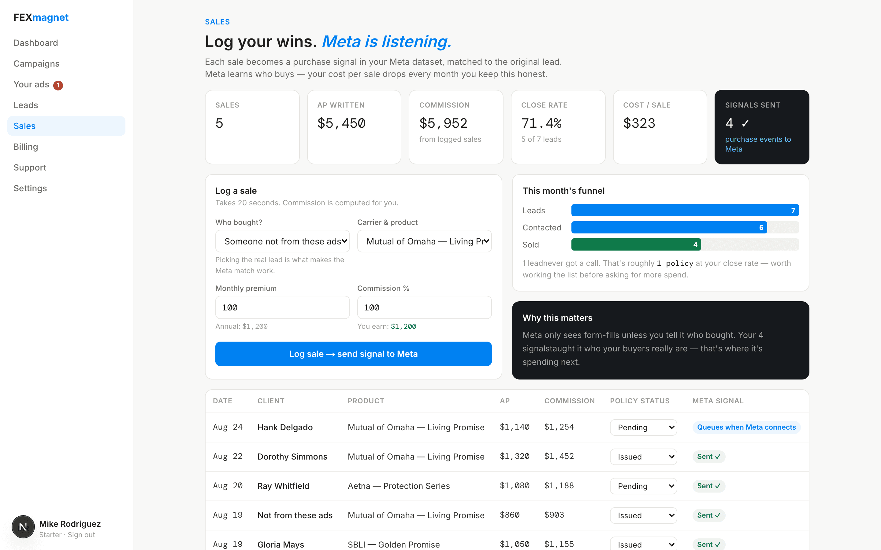 Sales — log a sale, it becomes a purchase signal on your pixel